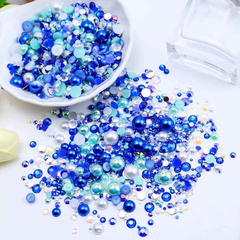 Briskbloom 60g Mix Flatback Pearls and Rhinestones for Crafts, 2mm-10mm Blue Green White for Nail Face Art Tumblers, Jelly Rhinestones and Half Pearls, With Tweezers Wax Pen - Image 3